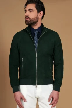 Uomo D'Arienzo 1006 - Giubbotto bomber in pelle camoscio verde tono su tono