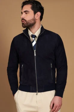 Uomo D'Arienzo 1006 - Giubbotto bomber in pelle camoscio blu tono su tono