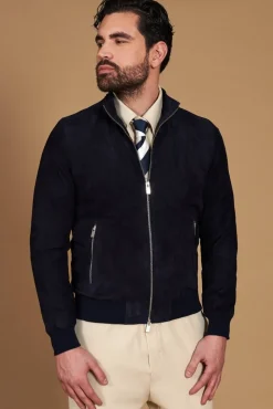 Uomo D'Arienzo 1006 - Giubbotto bomber in pelle camoscio blu tono su tono