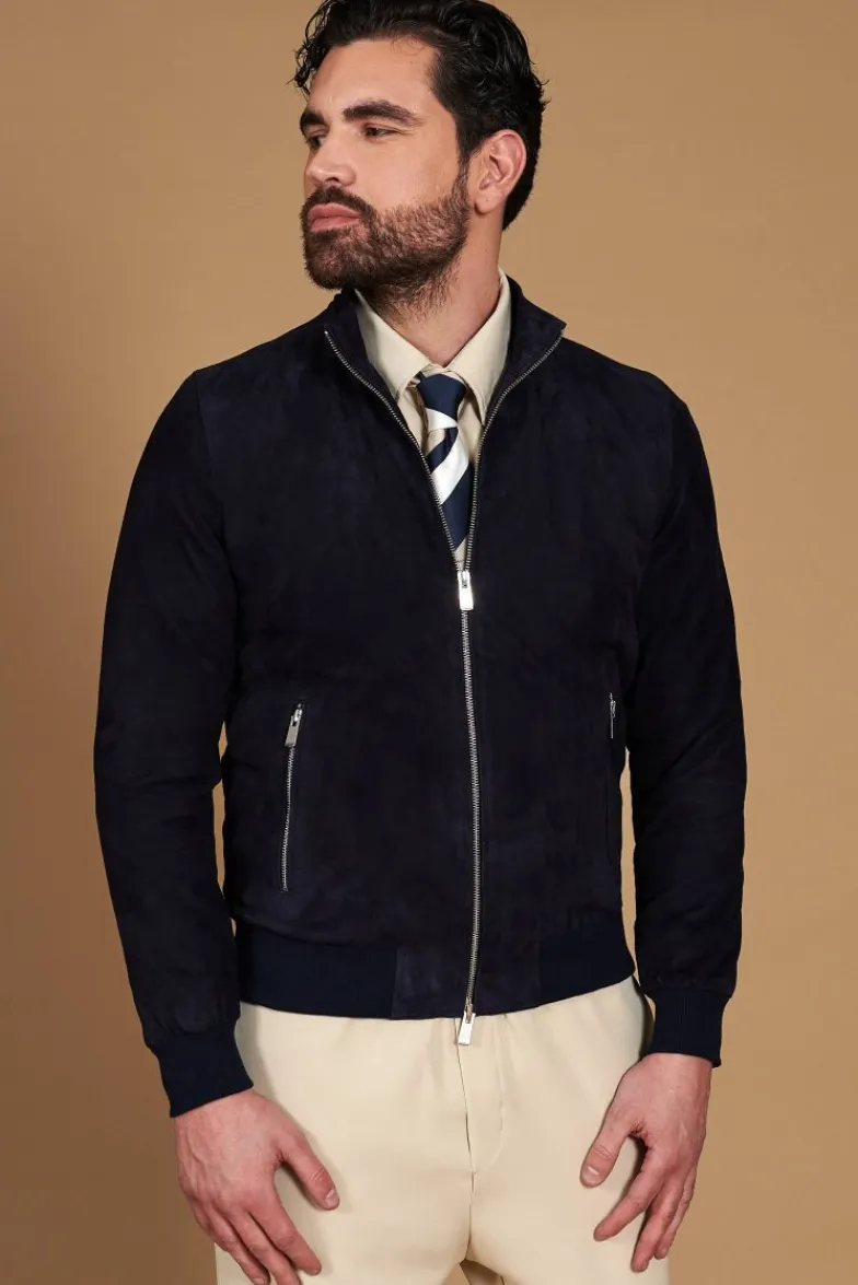 Uomo D'Arienzo 1006 - Giubbotto bomber in pelle camoscio blu tono su tono