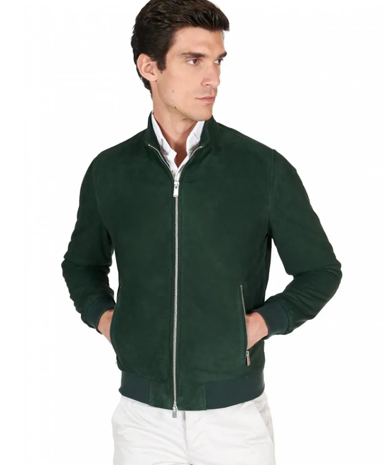 Uomo D'Arienzo 1006 - Giubbotto bomber in pelle scamosciata verde tono su tono