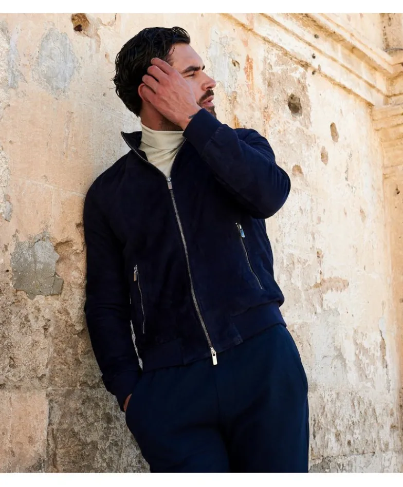 Uomo D'Arienzo 1006 - Giubbotto bomber in pelle scamosciata blu tono su tono