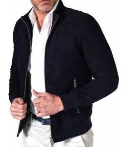 Uomo D'Arienzo 1006 - Giubbotto bomber in pelle scamosciata blu tono su tono