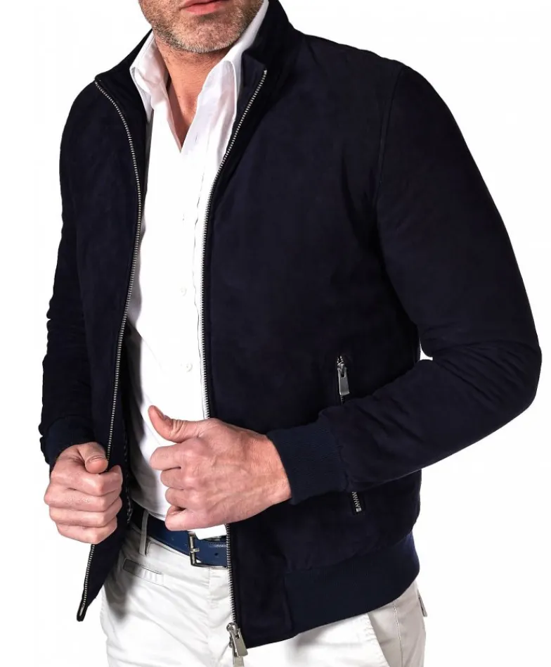 Uomo D'Arienzo 1006 - Giubbotto bomber in pelle scamosciata blu tono su tono