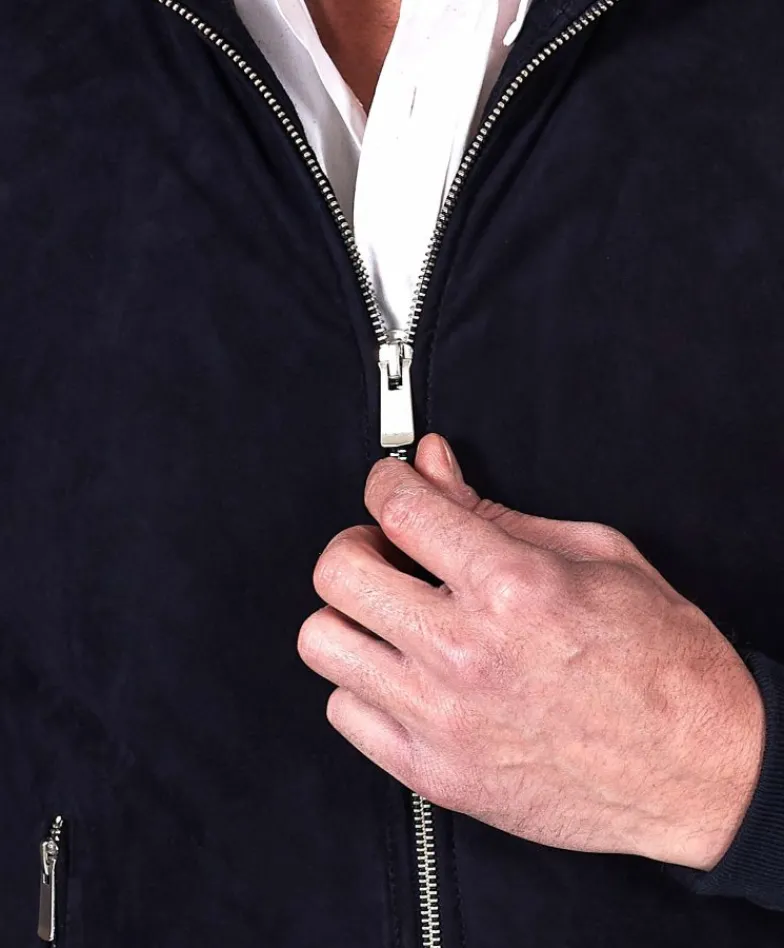 Uomo D'Arienzo 1006 - Giubbotto bomber in pelle scamosciata blu tono su tono
