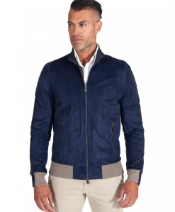 Uomo D'Arienzo 106 - Giubbotto bomber in pelle scamosciata blu collo coreana