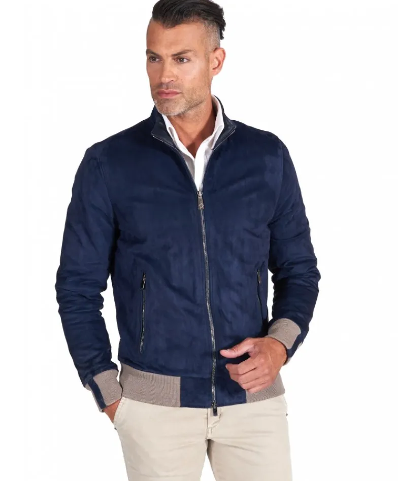 Uomo D'Arienzo 106 - Giubbotto bomber in pelle scamosciata blu collo coreana