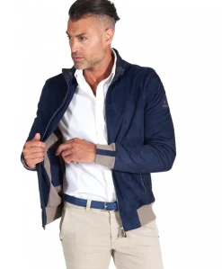 Uomo D'Arienzo 106 - Giubbotto bomber in pelle scamosciata blu collo coreana