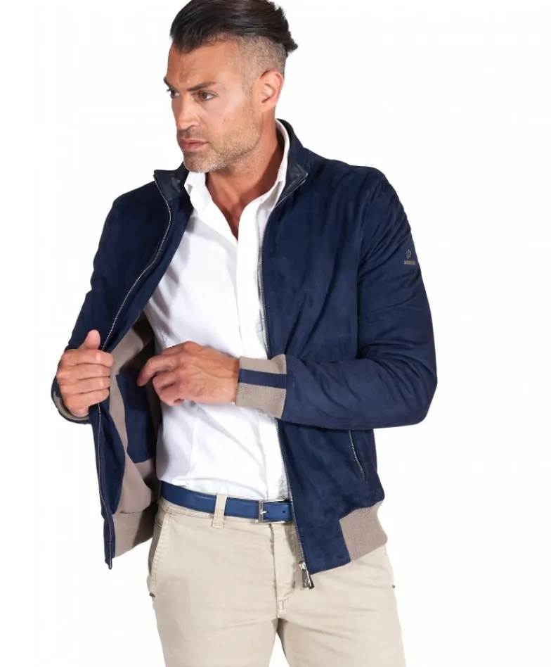 Uomo D'Arienzo 106 - Giubbotto bomber in pelle scamosciata blu collo coreana