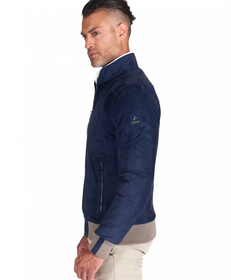 Uomo D'Arienzo 106 - Giubbotto bomber in pelle scamosciata blu collo coreana