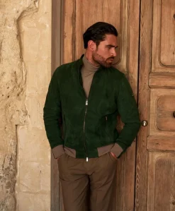 Uomo D'Arienzo 106 - Giubbotto bomber in pelle scamosciata verde collo coreana