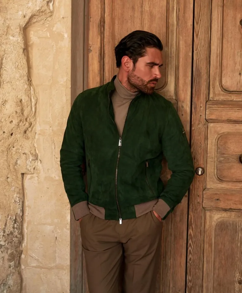 Uomo D'Arienzo 106 - Giubbotto bomber in pelle scamosciata verde collo coreana