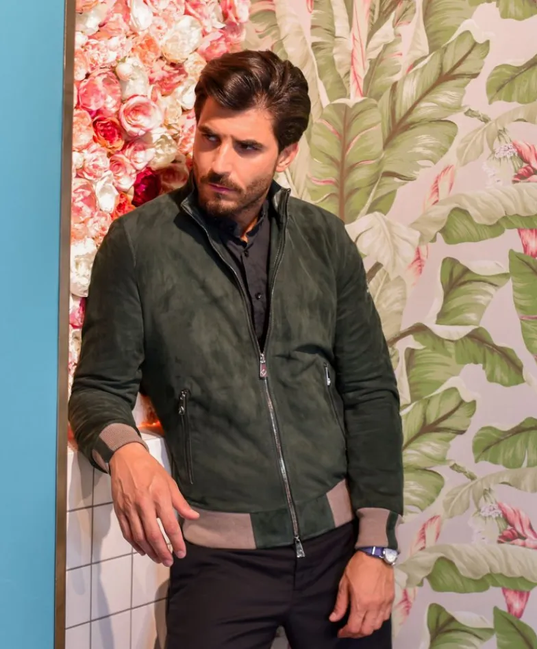 Uomo D'Arienzo 106 - Giubbotto bomber in pelle scamosciata verde collo coreana