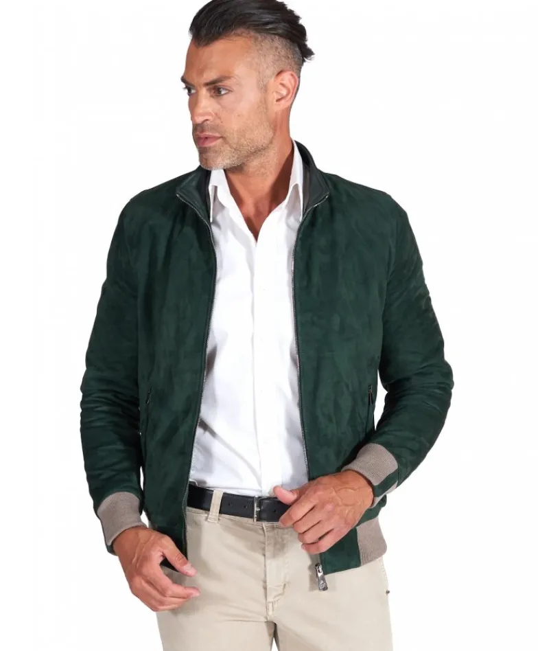 Uomo D'Arienzo 106 - Giubbotto bomber in pelle scamosciata verde collo coreana