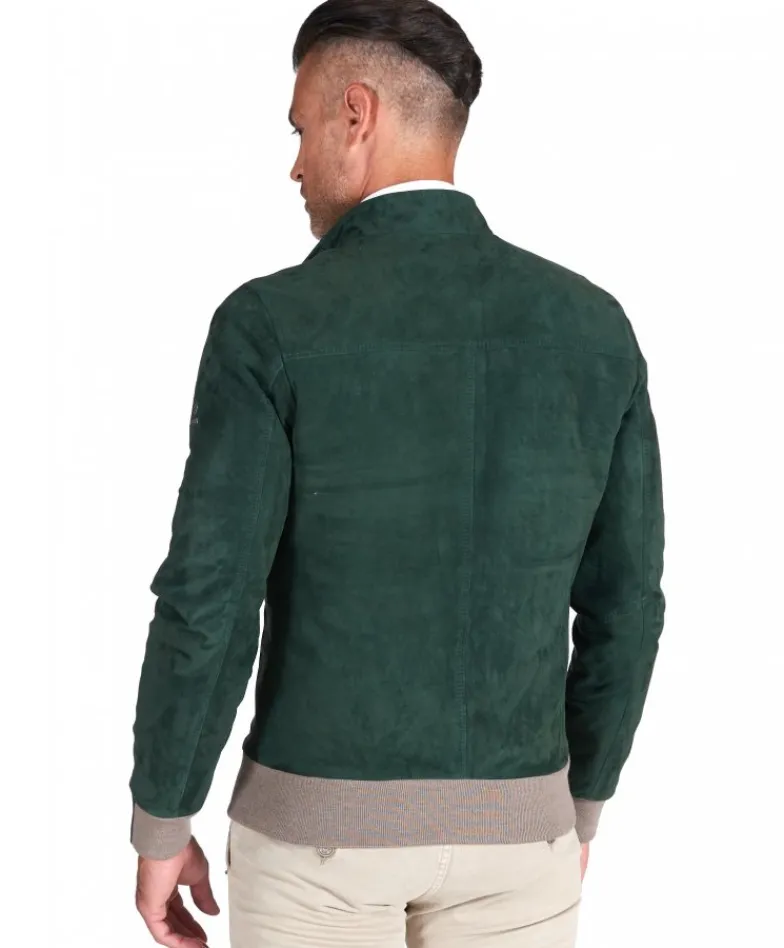 Uomo D'Arienzo 106 - Giubbotto bomber in pelle scamosciata verde collo coreana