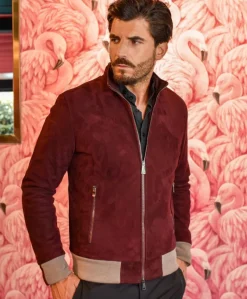 Uomo D'Arienzo 106 - Giubbotto bomber in pelle scamosciata bordeaux collo coreana