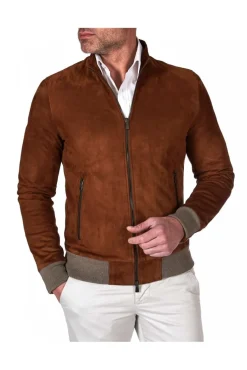 Uomo D'Arienzo 106 - Giubbotto bomber in pelle scamosciata color cuoio collo coreana