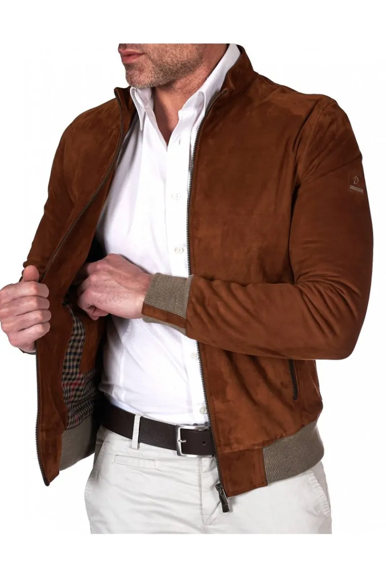 Uomo D'Arienzo 106 - Giubbotto bomber in pelle scamosciata color cuoio collo coreana
