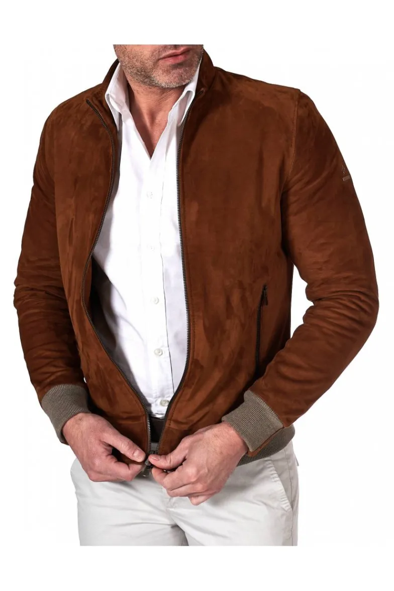 Uomo D'Arienzo 106 - Giubbotto bomber in pelle scamosciata color cuoio collo coreana