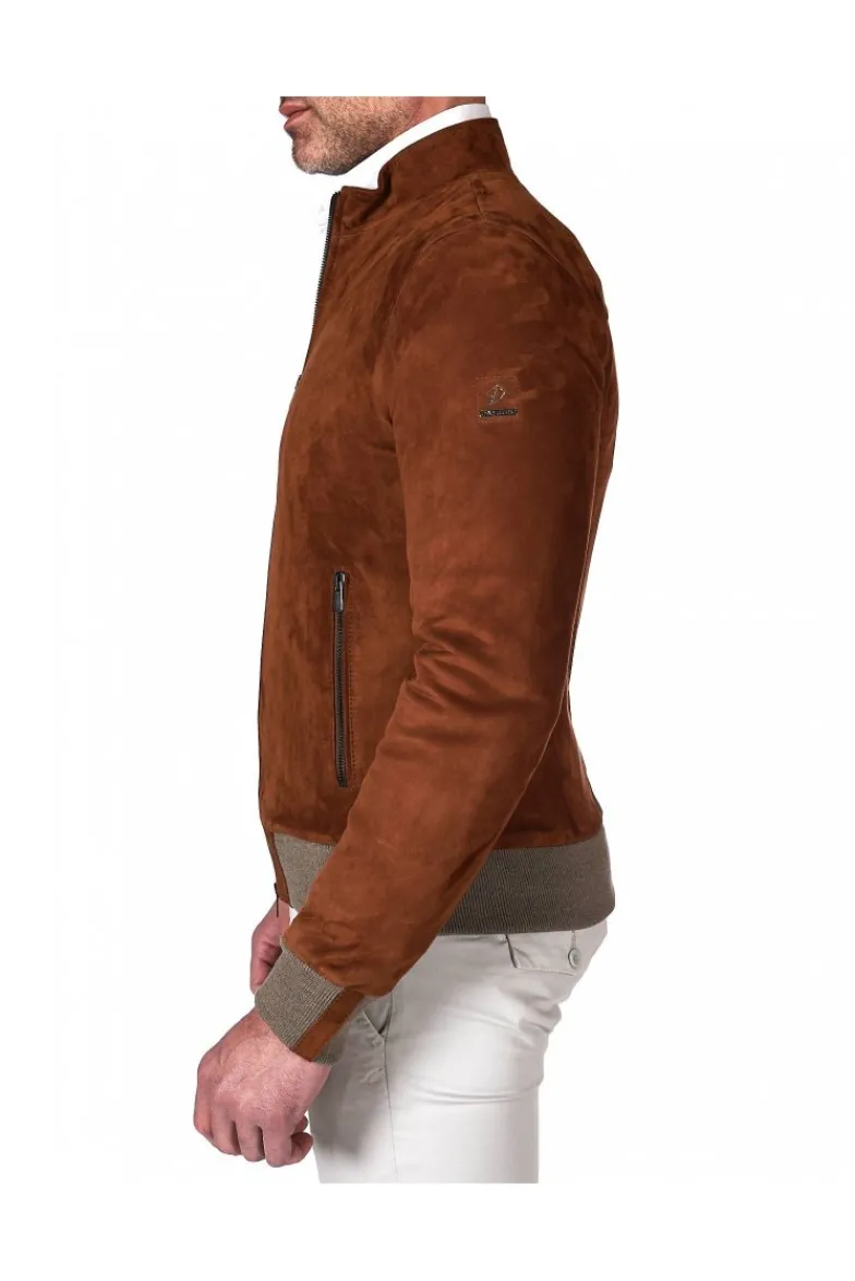 Uomo D'Arienzo 106 - Giubbotto bomber in pelle scamosciata color cuoio collo coreana