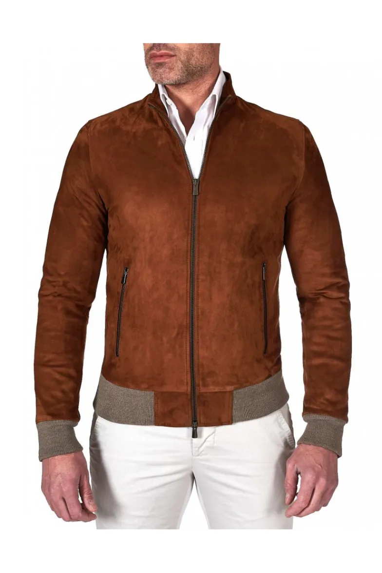 Uomo D'Arienzo 106 - Giubbotto bomber in pelle scamosciata color cuoio collo coreana