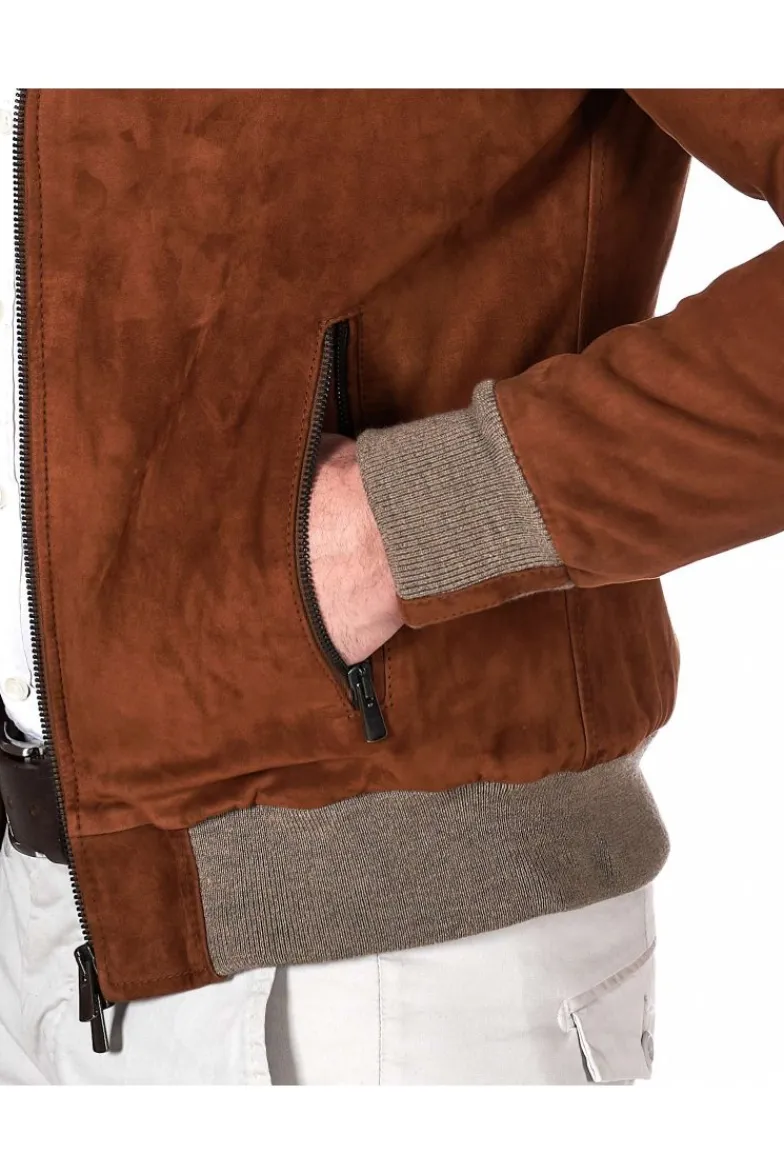 Uomo D'Arienzo 106 - Giubbotto bomber in pelle scamosciata color cuoio collo coreana