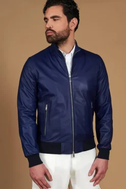 Uomo D'Arienzo 106 - Giubbotto bomber in pelle naturale blu elettrico colletto coreana