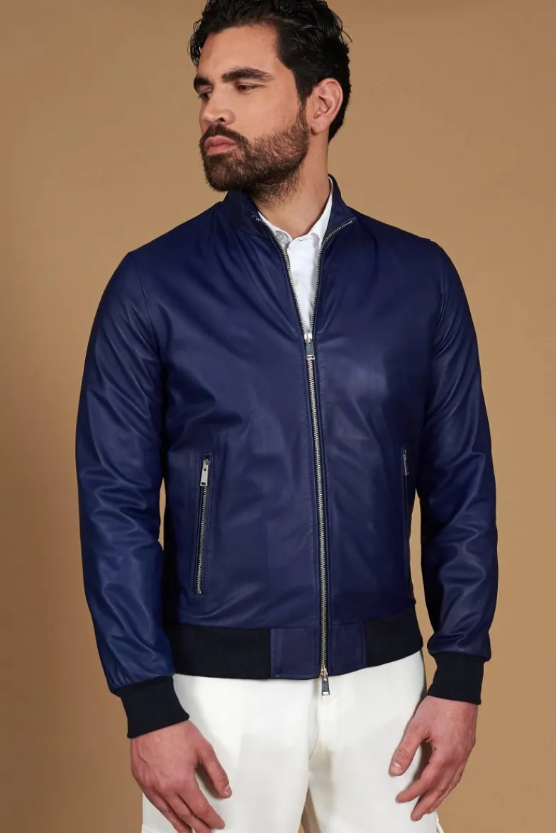 Uomo D'Arienzo 106 - Giubbotto bomber in pelle naturale blu elettrico colletto coreana