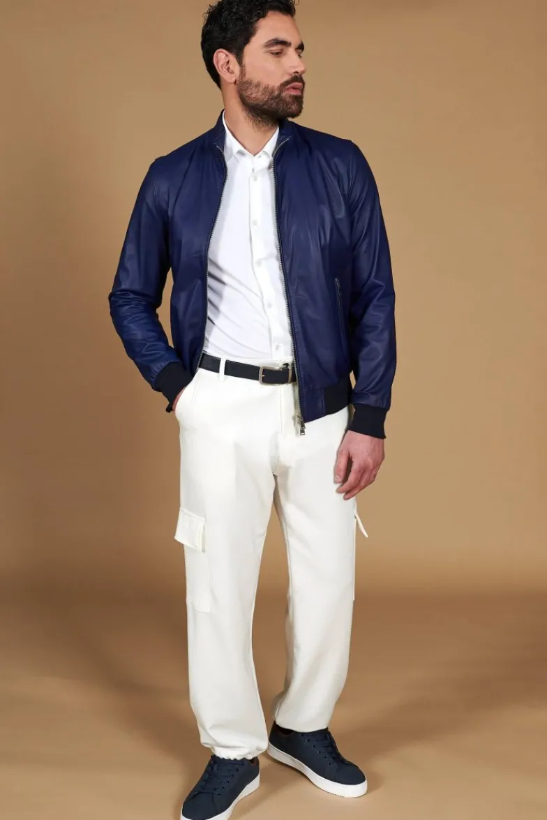 Uomo D'Arienzo 106 - Giubbotto bomber in pelle naturale blu elettrico colletto coreana