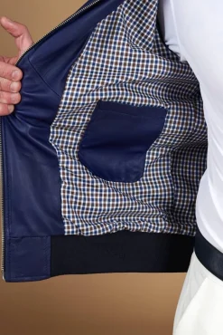 Uomo D'Arienzo 106 - Giubbotto bomber in pelle naturale blu elettrico colletto coreana