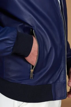 Uomo D'Arienzo 106 - Giubbotto bomber in pelle naturale blu elettrico colletto coreana