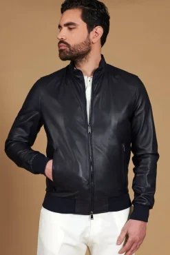 Uomo D'Arienzo 106 - Giubbotto Bomber in pelle blu nappa effetto liscio