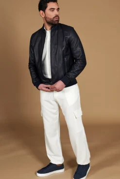 Uomo D'Arienzo 106 - Giubbotto Bomber in pelle blu nappa effetto liscio