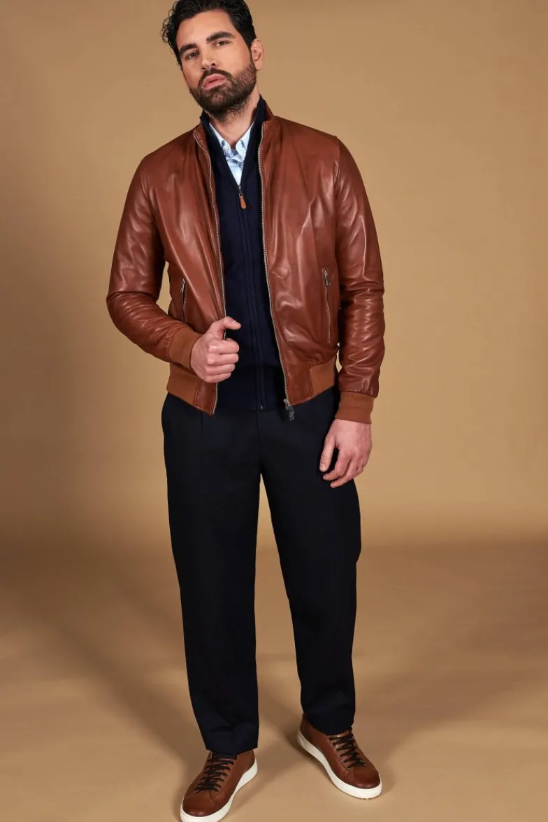 Uomo D'Arienzo 106 - Giubbotto Bomber in pelle naturale color cuoio effetto liscio
