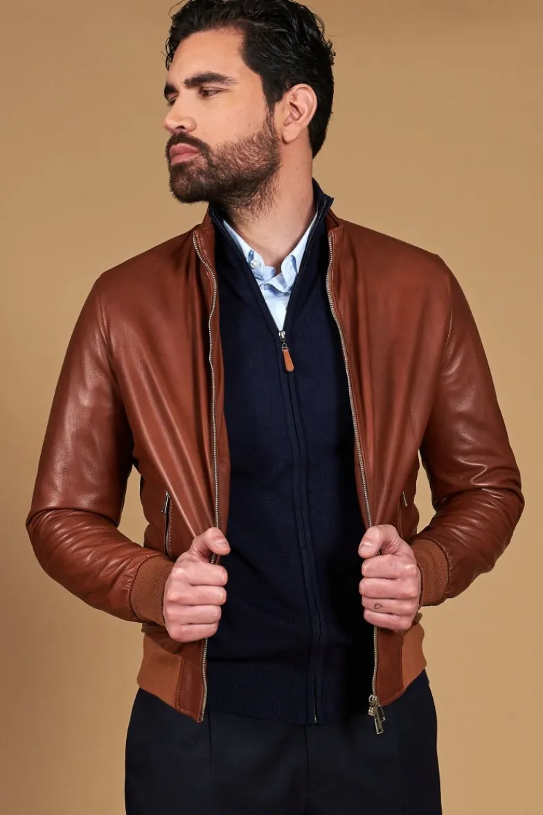 Uomo D'Arienzo 106 - Giubbotto Bomber in pelle naturale color cuoio effetto liscio