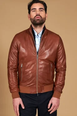Uomo D'Arienzo 106 - Giubbotto Bomber in pelle naturale color cuoio effetto liscio