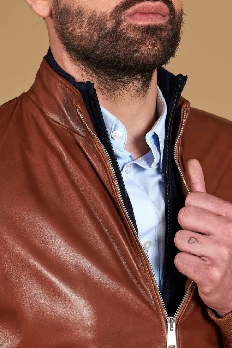 Uomo D'Arienzo 106 - Giubbotto Bomber in pelle naturale color cuoio effetto liscio