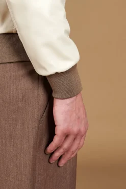 Uomo D'Arienzo 106 - Giubbotto bomber in pelle color crema con profili a contrasto fango