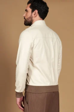 Uomo D'Arienzo 106 - Giubbotto bomber in pelle color crema con profili a contrasto fango