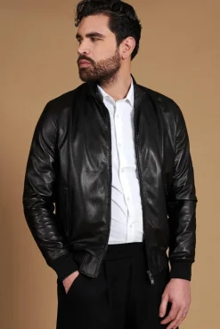 Uomo D'Arienzo 106 - Giubbotto bomber in pelle traforata colore nero elastico a tono