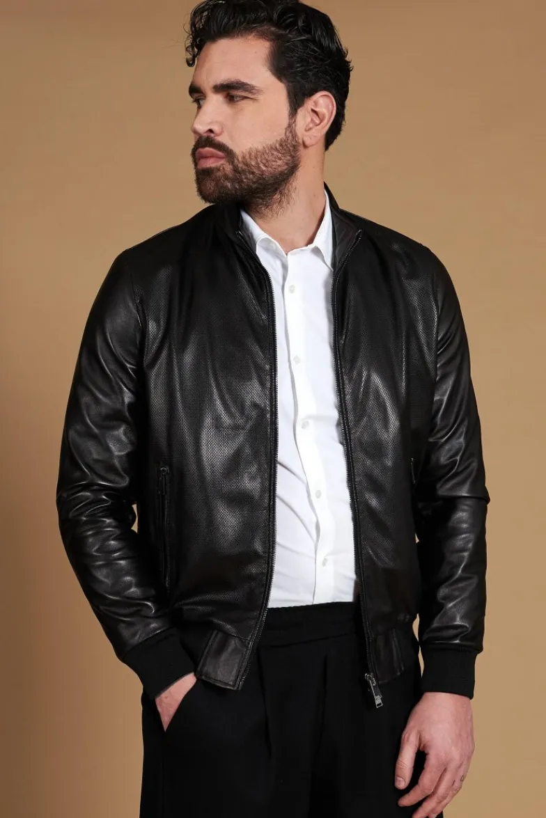 Uomo D'Arienzo 106 - Giubbotto bomber in pelle traforata colore nero elastico a tono