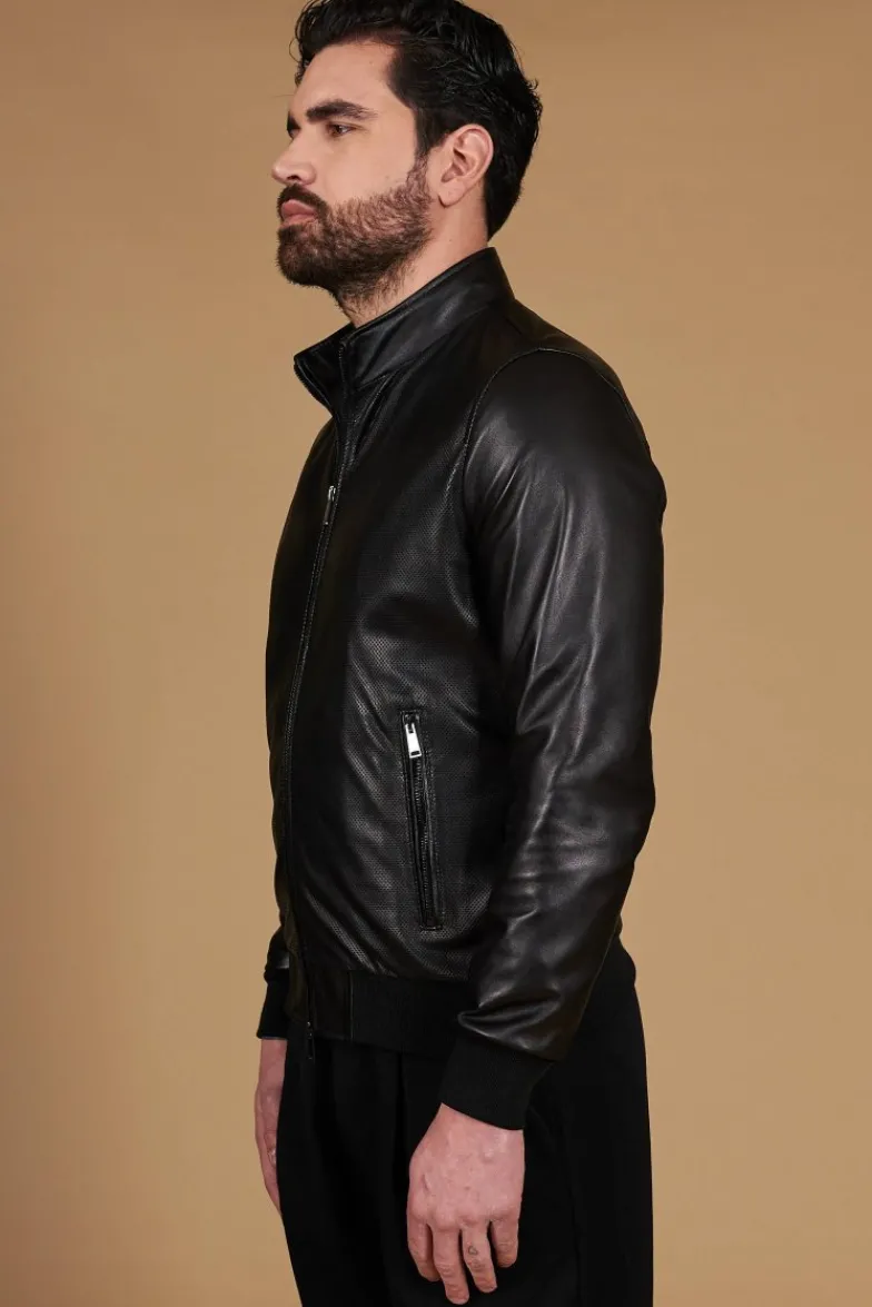 Uomo D'Arienzo 106 - Giubbotto bomber in pelle traforata colore nero elastico a tono