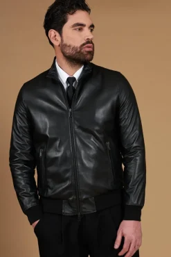 Uomo D'Arienzo 106 - Giubbotto Bomber in pelle nera nappa effetto liscio