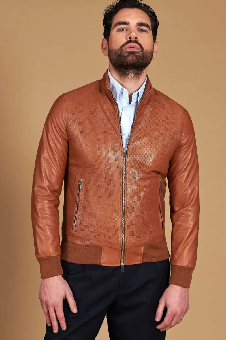 Uomo D'Arienzo 106 - Giubbotto bomber in pelle traforata colore cuoio elastico a tono