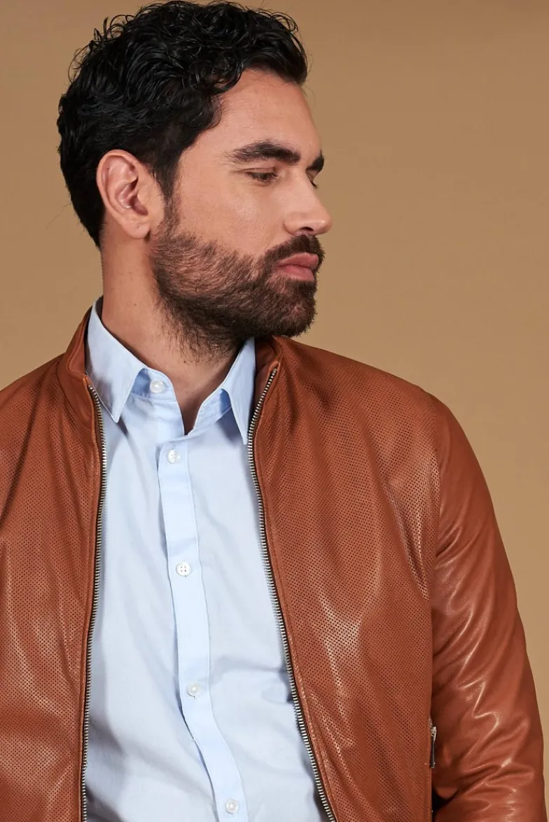 Uomo D'Arienzo 106 - Giubbotto bomber in pelle traforata colore cuoio elastico a tono
