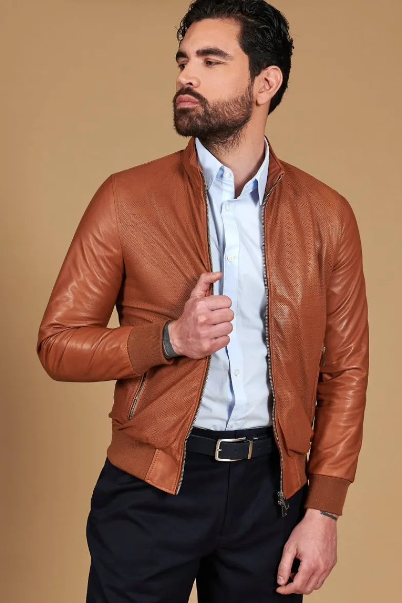 Uomo D'Arienzo 106 - Giubbotto bomber in pelle traforata colore cuoio elastico a tono