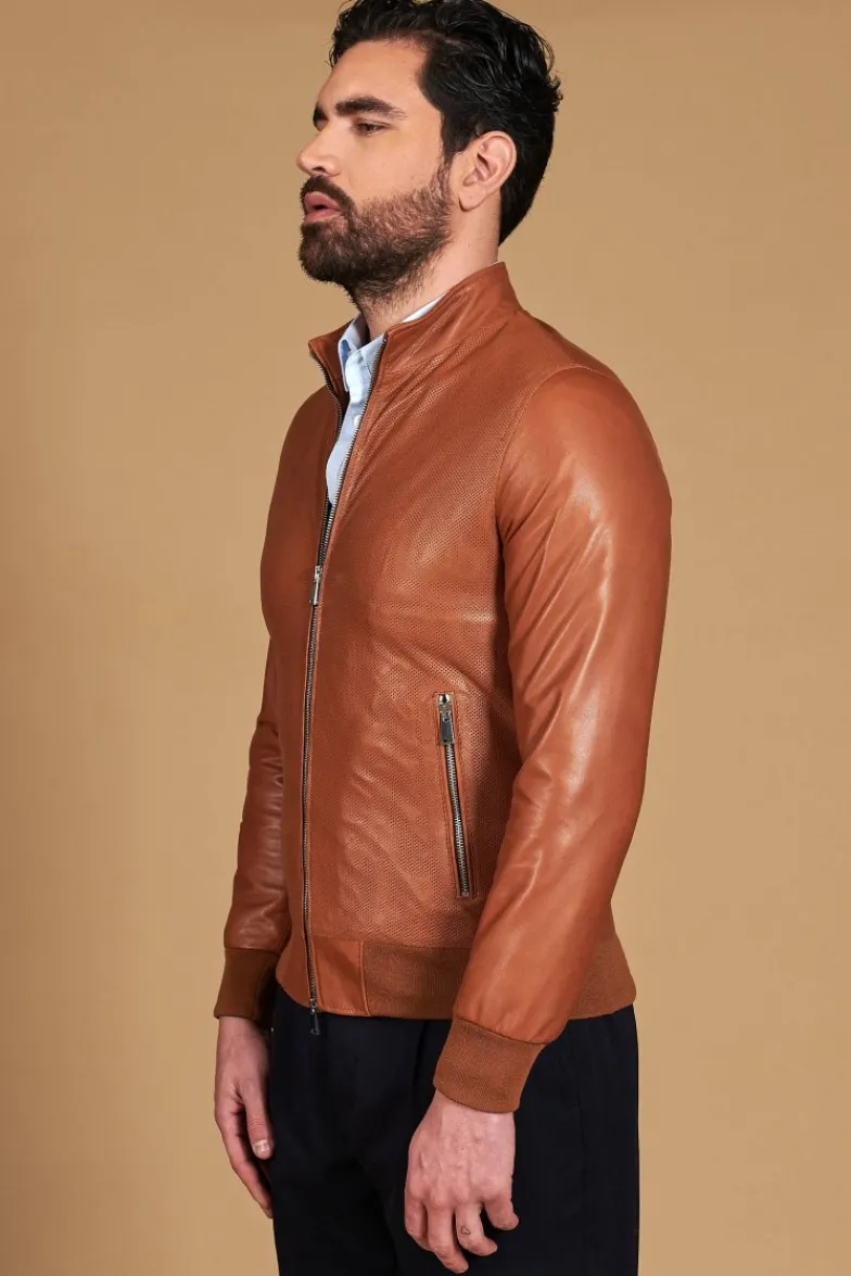 Uomo D'Arienzo 106 - Giubbotto bomber in pelle traforata colore cuoio elastico a tono