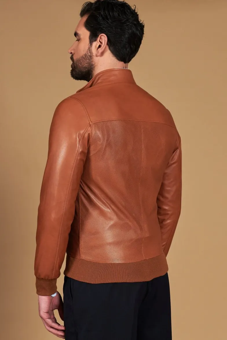 Uomo D'Arienzo 106 - Giubbotto bomber in pelle traforata colore cuoio elastico a tono