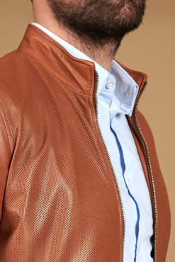 Uomo D'Arienzo 106 - Giubbotto bomber in pelle traforata colore cuoio elastico a tono