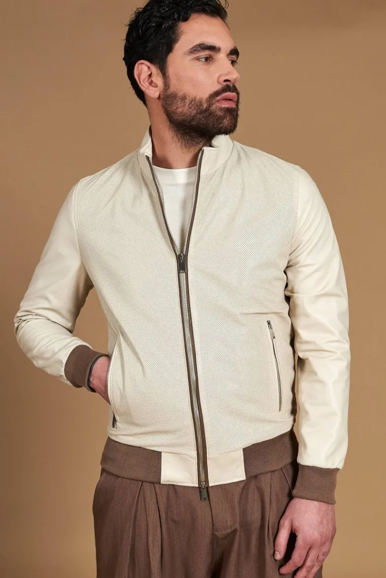 Uomo D'Arienzo 106 - Giubbotto bomber in pelle traforata color crema con profili a contrasto fango